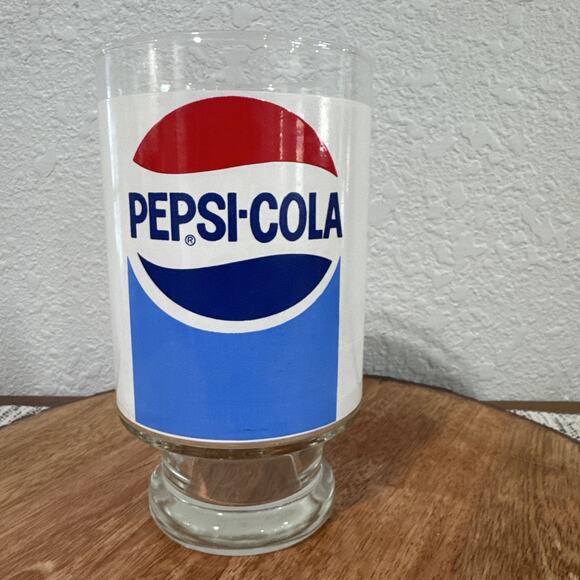 VTG Pepsi Cola Large Pedestal Drinking Tumbler Glass Clear Blue Red Pedestal Cup